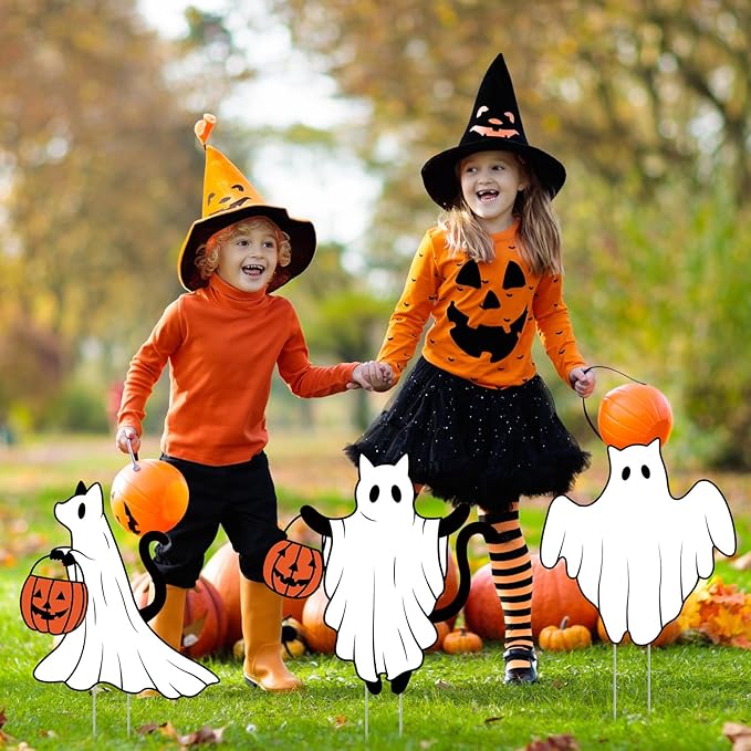 Nuanchu 7 Pcs Halloween Yard Outdoor Decorations Ghost Cat Yard Signs Corrugated Plastic Ghost Cat Pumpkin Lawn Sign with Stakes Waterproof Halloween Garden Stakes for Outside Scary Spooky Decor