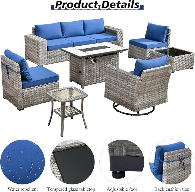 HOOOWOOO 9 Piece Modular Patio Outdoor Sectional Furniture Set with Large Propane Fire Pit Table,Wicker Conversation Sofa Set with Swivel Chairs,Outside Couch Set(Navy Blue)