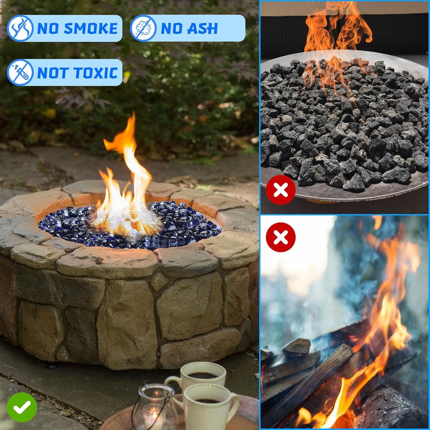 Fire Glass, Cobalt Blue Fire Stone for Propane Firepit, Fireplace and Outdoor Decorative. High Luster Diamonds 1 Inch Glass Beads, 10LB