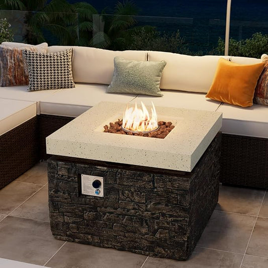 COSIEST 32-inch Outdoor Propane Fire Pit Table, Square Fire Table w Faux Brown Ledgestone, 40,000 BTU Stainless Steel Burner, Free Lava Rocks, Fits 20lb Tank Inside
