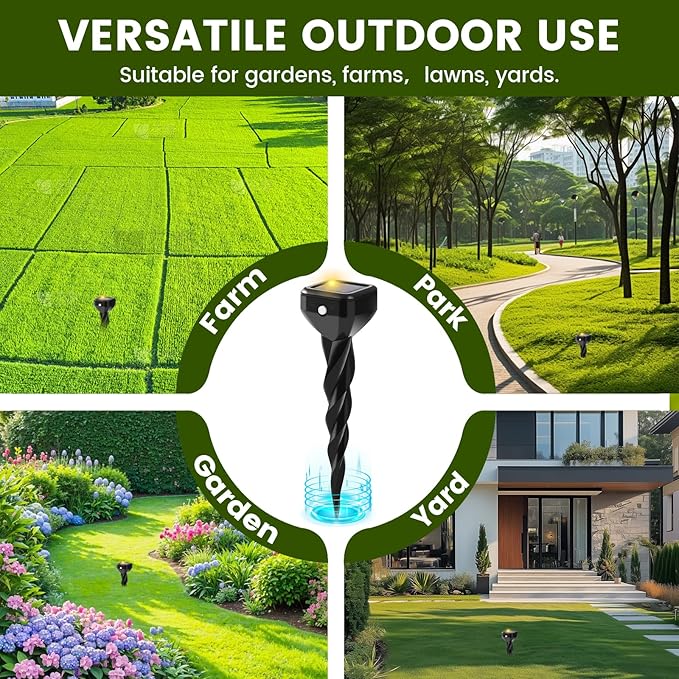 Solar Mole Repellent Stakes, Snake Repellent for Yard, Ultrasonic & Vibrating Deterrent Spikes Waterproof, Effective Get Rid of Vole Groundhog Gopher Skunk Snake Rabbit Chipmunk for Lawn Yard Garden