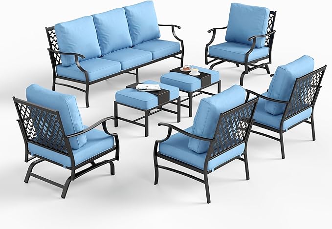 7 Piece Metal Outdoor Patio Furniture Sets, Patio Conversation Sets 1 3-seater Sofa, 2 Fixed Chair, 2 Rocking Chair, 2 Ottomans with 5.75" Thick Cushion, Black Backyard Furniture, Blue