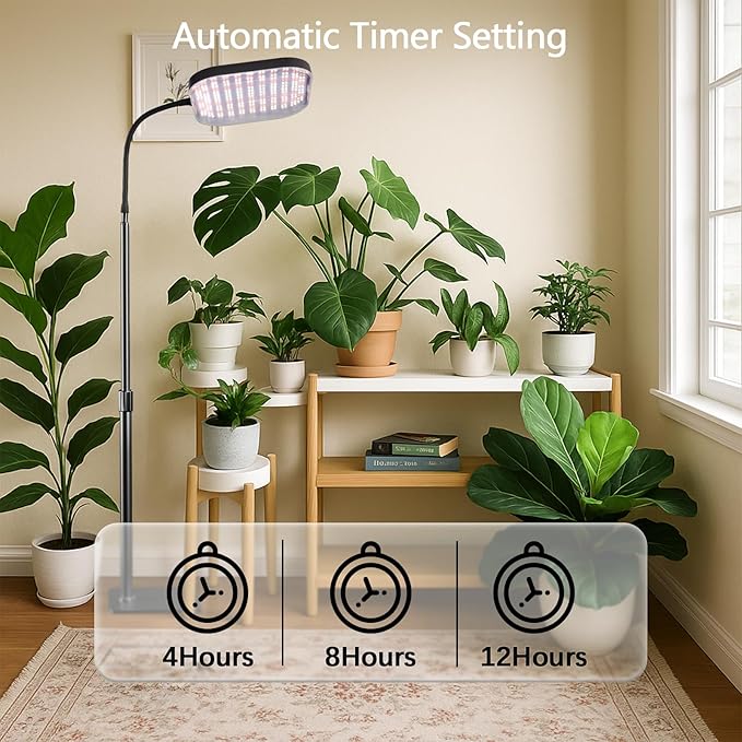 Square Grow Light for Indoor Plants, 336 LEDs 6000K Full Spectrum 12V 3A High Power Floor Plant Light with Stand for Indoor Large Tall Plants Faster Growing, 4/8/12H Timer & Height Adjustable 16-29"