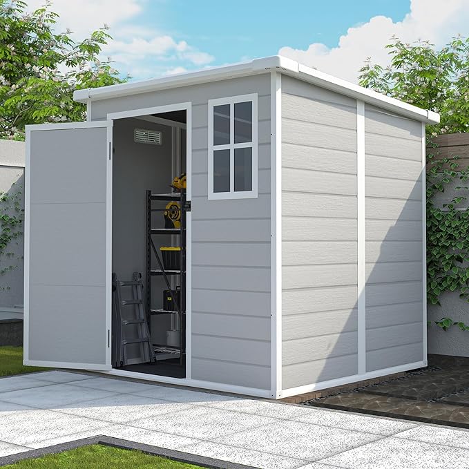Outdoor Storage Shed 6x6 FT, Resin Lean to Shed with Floor, Window, Lockable Door, Waterproof Outside Sheds Patio Furniture Tool Shed for Bike, Garbage Can, Lawn Mower (Grey, 6 * 6ft)
