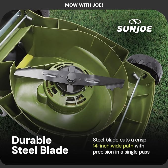 Sun Joe Cordless Lawn Mower, 14" Electric Walk Behind Grass Cutter with 3 Position Height Adjustment and Detachable Catcher, Green, MJ401C-PRO