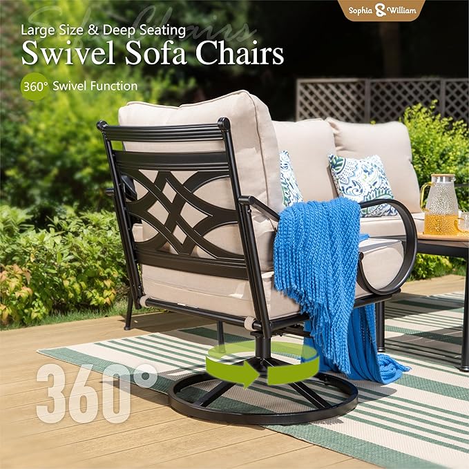 Sophia & William 4 Piece Patio Furniture Set Outdoor Couch Sofa, Patio Conversation Sets 5 Seat Clearance with 3-seat Sofa x 1, Swivel Chair x 2, Metal Coffee Table x 1 for Front Porch Lawn, Beige