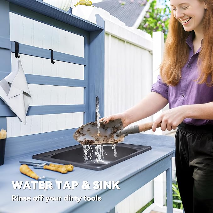 Outsunny Outdoor Wooden Potting Bench Table with Sink and Water Tap, Garden Workstation with Storage Cabinet, Storage Shelves for Backyard, Patio, Balcony, Gray