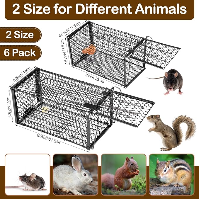 Qualirey 6 Packs Humane Rat Trap Chipmunk Rodent Mouse Squirrel Traps Foldable Live Animal Mouse Voles Hamsters Rat Live Cage for Indoors Outdoors Easy to Catch and Release