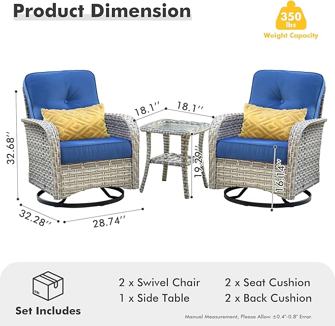 HOOOWOOO Outdoor Patio Bistro Set,3 Pieces Wicker Out Door Swivel Rocking Chair with Matching Side Table,Patio Furniture Sets,Navy Blue