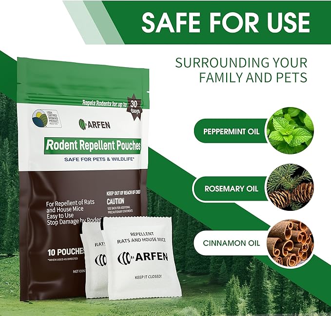 Rodent Repellent Pouches, Peppermint Oil, All Natural, Plant Powered, Repel Mice and Rat, Squirrels, Mouse Repellent, Keep Mice Out from Indoor/Car/RV/Boat/Garage/Cabin,20 Pouches (20 Pack)