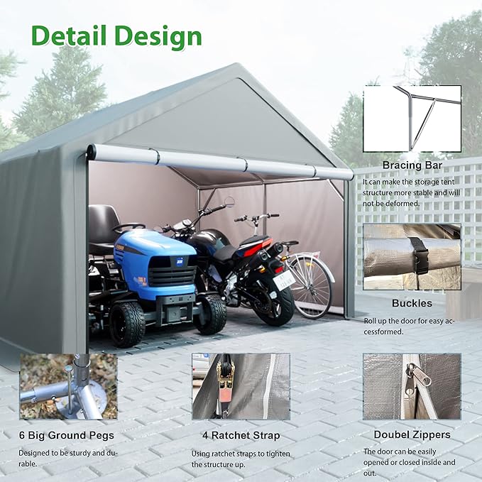 10x10 Ft Portable Outdoor Storage Shed,Bike Shed Storage Tent W/Double Zippers & 4 Tensioners,Carport W/Buckles & 6 Ground Pegs,Car Port Shelter for Garden,Motorcycle Shelter,Lawn,Gray