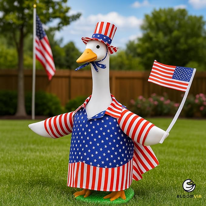 Lawn Goose Outfit – Glossy Cape & Adjustable Hat for 23″ Goose Statue – Halloween & Vampire & USA Flag Costume