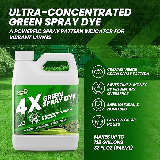 32oz 4X Green Spray Dye - Makes 128 Gallons of Concentrated Spray Pattern Indicator Dye, Ideal Fertilizer Marking, Lawn Turf Mark and Marker, Mark Where You've Sprayed with Green Color Indicator