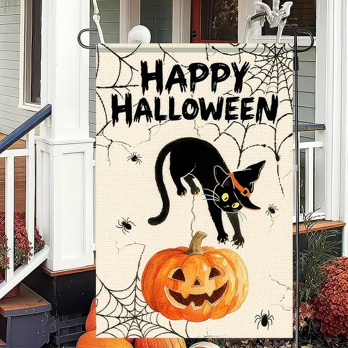 Garden Flags 12x18 Inch Halloween Black Cat Pumpkin Spider Web Design Fall Outdoor Banner Holiday Yard Decoration for Porch Lawn Garden Party Display Sign