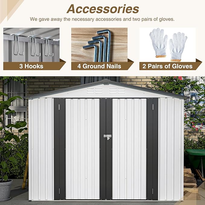 10X8 FT Outdoor Storage Shed, All Weather Metal Sheds with Lockable Doors, Tool Shed for Garden, Patio, Backyard, Lawn (White, 8x6 ft)