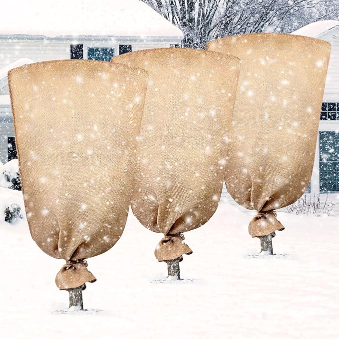 Legigo 3 Pack 45 X 70 Inch Burlap Plant Covers Freeze Protection Bags, Large Winter Plant Frost Covers with Drawstring, Reusable Tree Covers Burlap Frost Cloths Protection for Outdoor Plants Shrubs