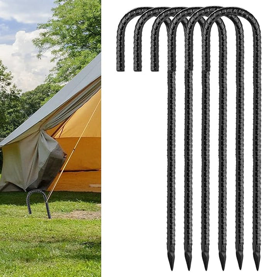 Black Rebar Stakes 16inx10mm Galvanized J Hook 6pcs – Heavy Duty Ground Tent Stakes for Fence,Bounce House,Outdoor Plants,Artificial Turf,Dog Coop,Metal Stakes for Christmas Decorations