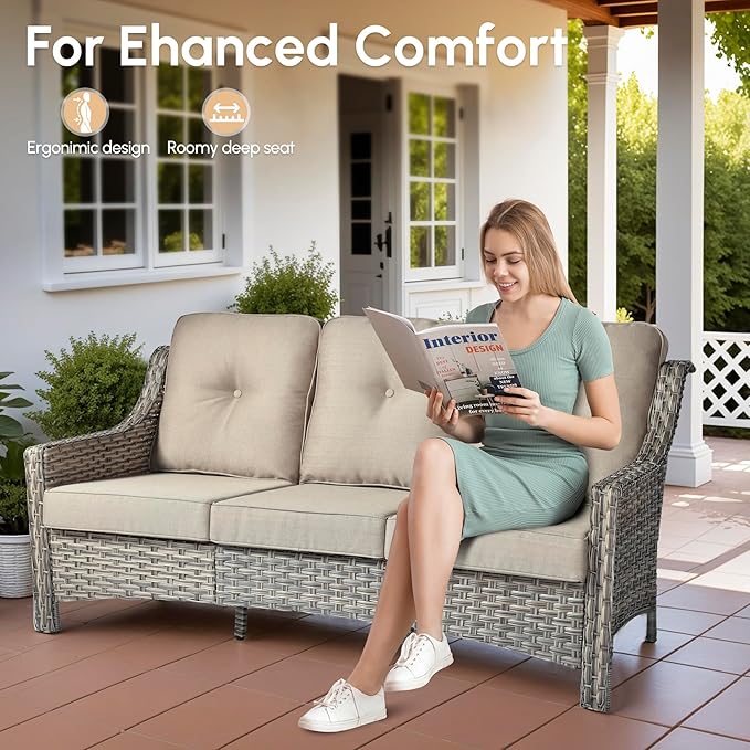 5 Pieces Patio Outdoor Furniture Set with Swivel Rocking Chairs,All Weather Wicker Rattan Patio Seating Sofa and Chair Set w/Glowing Table,Outdoor Conversation Sets for Deck Yard Garden,Beige