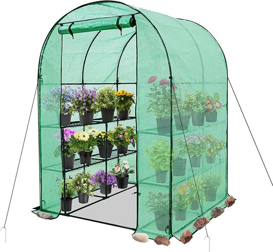 EAGLE PEAK 3-Tier Walk in Portable Greenhouse with 8 Wire Shelves, Indoor and Outdoor Garden House with Roll Up Zipper Door and Windows, Easy Set Up, 56.3"x56.3"x76.8", Clear/Green PE Cover