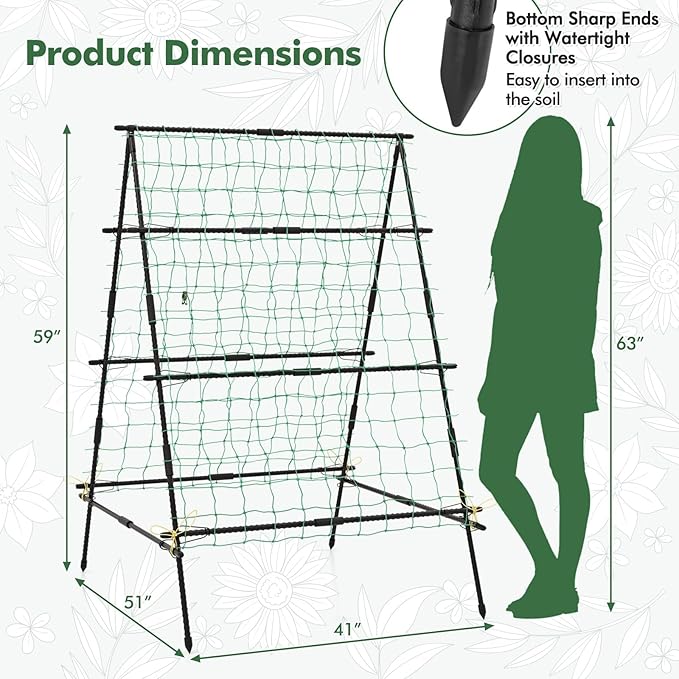 Garden Trellis for Climbing Plants Outdoor, A Frame Plant Trellis with Climbing Net, Coated Metal Poles, Twisted & Clips, Grape Trellis Plant Support for Vines, Vegetables, Fruit & Flower