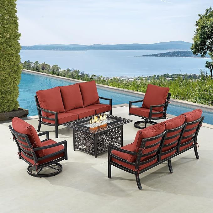 Oakland Living Black Aluminum Patio Fire Table Set with Two Deep Seating Sofa with Cushions and Two Club Chairs with Red Cushions