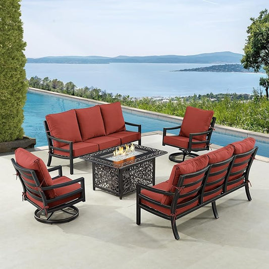Oakland Living Black Aluminum Patio Fire Table Set with Two Deep Seating Sofa with Cushions and Two Club Chairs with Red Cushions