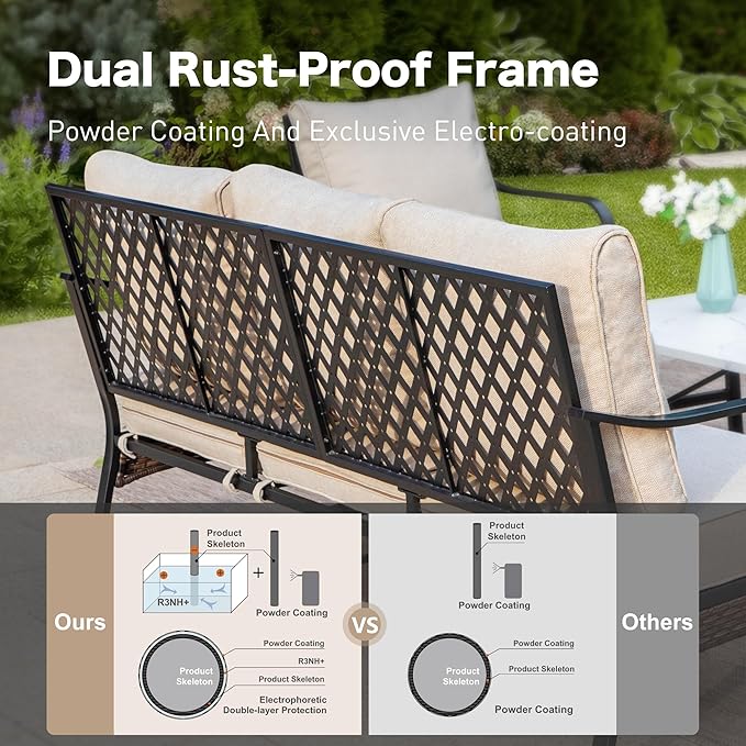 4 Piece Black Metal Outdoor Patio Furniture Sets with Firepit Table, Patio Conversation Sets 1 3-Seater Sofa, 2 Swivel Sofa with 5.75" Thick Cushion Backyard Furniture for Deck, Beige