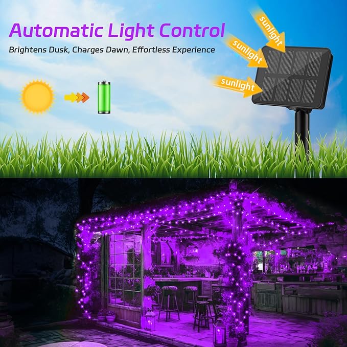 Solar Fairy Lights Purple Outdoor Waterproof,16.4ft 50LED Solar String Lights Purple for Outside 8 Modes 2 Packs for Halloween Patio Backyard Garden Deorations Purple, CS-SL-5M