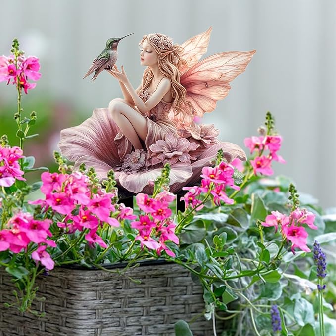 Fairy Garden Stake Decor, 2D Flat Acrylic Fairy Garden Decor Panel, Elf Yard Sign for Outdoor Indoor Yard Lawn Plants Pots, Fairy Garden Accessories (Flowers Fairy and Hummingbird)