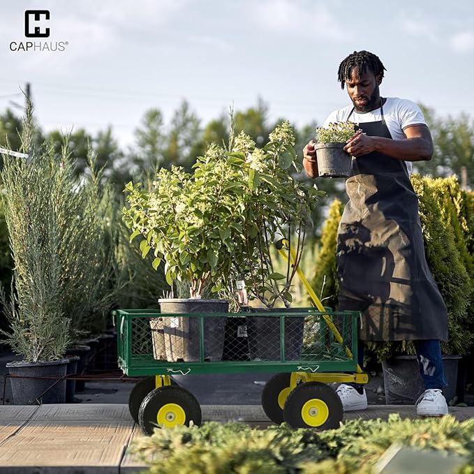 CAPHAUS Metal Green Garden Cart, w/ 180° Adjustable Yellow Handle, w/Mat and Strap, Heavy Duty 880 lbs Capacity, w/ 10” Flat-Free Tires, Sides Removable, Utility Wagon, Yard Cart, for Garden, Farm