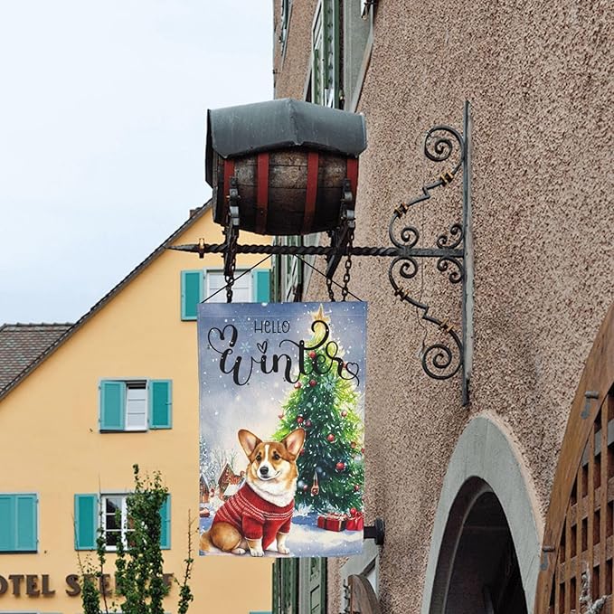 Hello Winter Merry Christmas Cute Pine Snow Garden Flag Welcome Party Outdoor Outside Decorations Picks Home House Garden Yard Decor 12x18 Inch