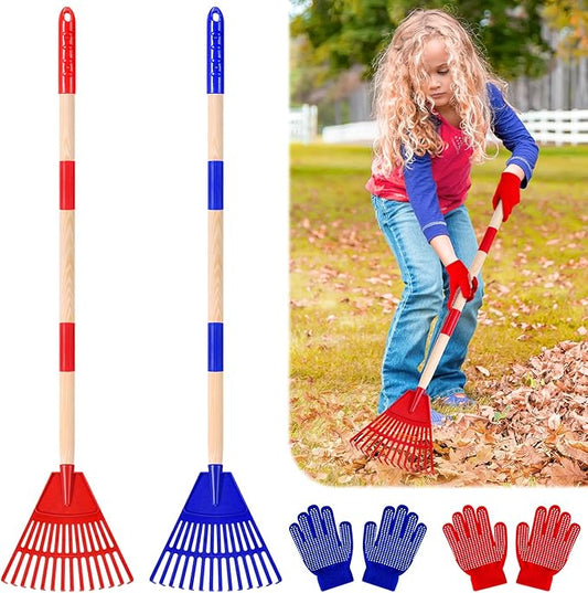 2 Pcs 35'' Kids Rakes for Leaves - Plastic Rake Head with 2 Pairs Kids Gloves, Small Kids Lawn Rakes Detachable Wooden Handle, Autumn Garden Tool Set for Kids Boys and Girls, Red & Blue, 3yr+