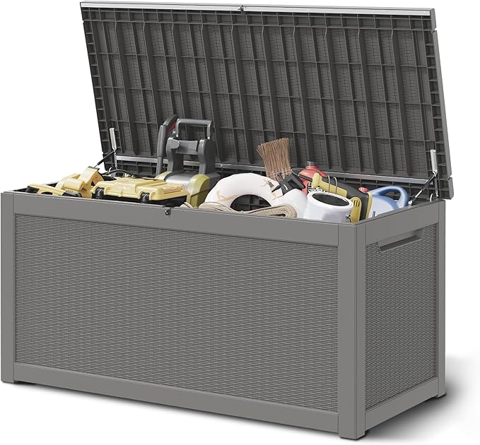 NUNU LAB 260 Gallon Outdoor Storage Box,Resin Large Sturdy Deck Box, Backyard Outside Storage Box Waterproof with Double Wall Panels,Package Delivery Garden Outdoor Hose