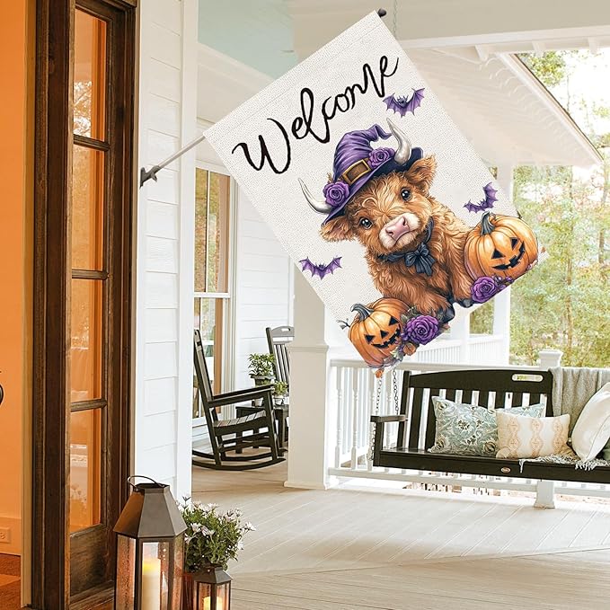 Halloween Highland Cow House Flag 28x40 Double Sided, Welcome Halloween Large Garden Flags for Outside Decor, Holiday Yard Flag Decorations for Home