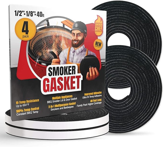 XXL 40 FT Grill Gasket for Smokers - Black 1/2’’ x 1/8’’ Hi Temp Seal Smoker Gasket – 4-Pack x 10 FT Self Stick Black Nomex Fire Tape BBQ Lid – Bbq Grill Smoker Accessories Gifts for Men