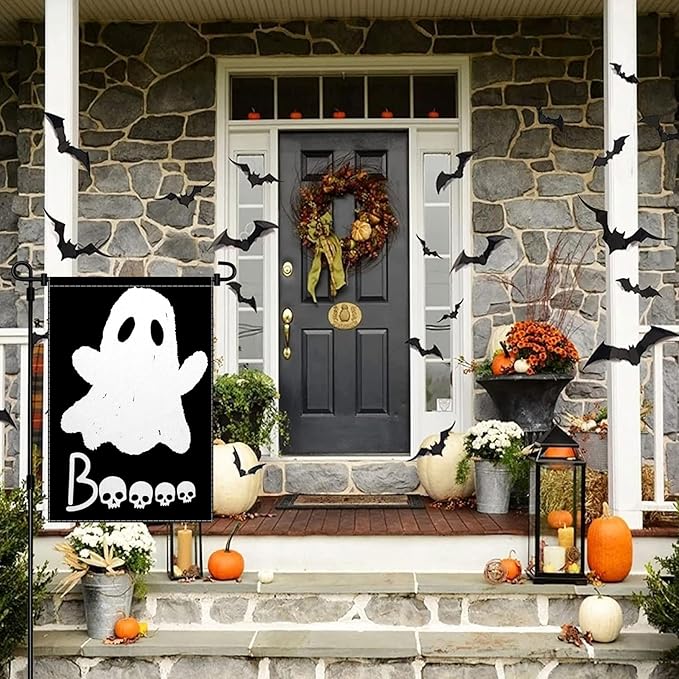 ChloropLastid Halloween Ghost Garden Flag Double Sided 12x18 Inch Scary Boo Black Holiday Yard Flag Small Burlap Outdoor Decorations