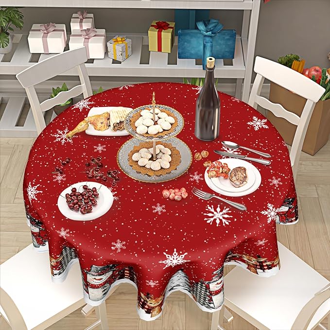 Christmas Round Tablecloth 60 Inch,Xmas Snowman Snowflakes Red Farmhouse Reusable Washable Polyester Table Cover for Kitchen Holiday Party Outdoor Dining Room Home Decor Gift