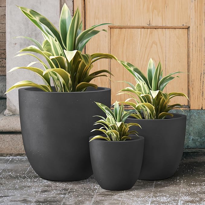 Kante 18",14",10" Dia Concrete Round Planters (Set of 3), Outdoor Indoor Large Planter Pots with Drainage Hole and Rubber Plug for Home Patio Garden, Black