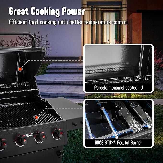 4 Burner Gas Grill, Outdoor BBQ Grill with Side Table for Patio & Backyard Barbecue, Enameled Coated Chamber Body with Porcelain-Enameled Grates, Grilll Cover Included, 36,000 BTU, Black