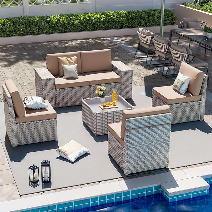 6 Pieces Patio Furniture Set, Outdoor Sectional Wicker Sofa with Thickened Cushions and Coffee Table, High Back Rattan Patio Conversation Sets for Garden Backyard, Khaki