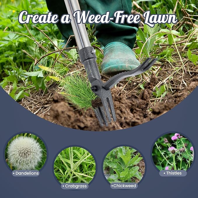 Weed Puller Tool Stand Up Weeder with Long Handle & 4-Claw Steel Head Manual Weed Remover Tool for Lawn and Garden (Steel)