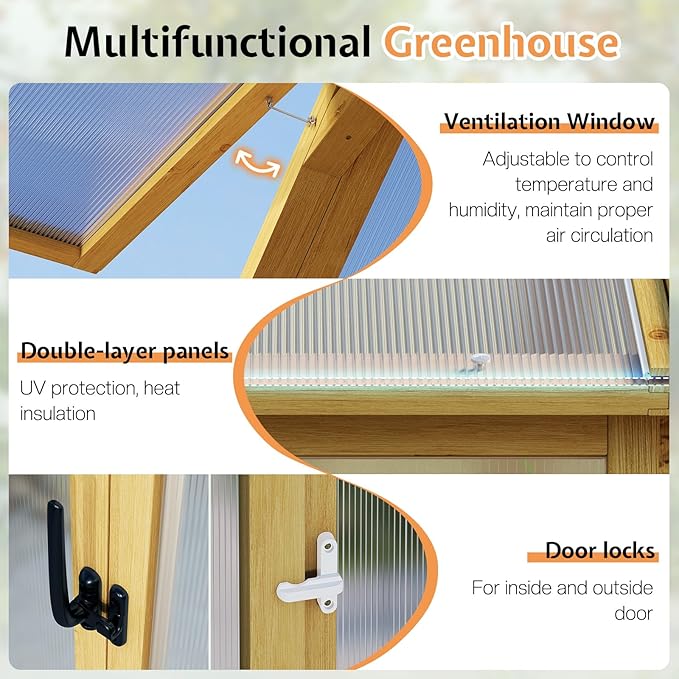 Jocisland 8x9.5x7.5 Ft Wooden Greenhouse, Pre-Assembled Solid Cedar Frame, Walk-in Design, Lockable Door, Adjustable Roof Vents, Polycarbonate Panels for Outdoor, Garden, Backyard