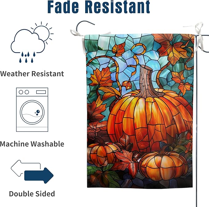 Pumpkin Fall Garden Flag Autumn Yard Flag Stained Glass Thanksgiving Outdoor Flag 12x18 Double Sided Small Harvest Flag for Outside Porch Lawn Decor