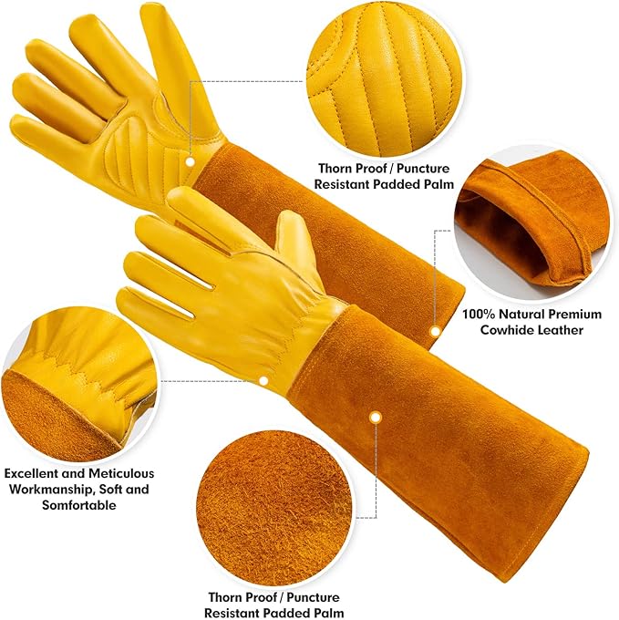 Acdyion Gardening Gloves for Women/Men Rose Pruning Thorn & Cut Proof Long Forearm Protection Gauntlet, Resistant Thick Cowhide Leather Work Garden Gloves