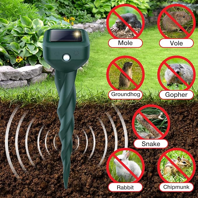 Mole Repellent Solar Powered, 4 Pack Snake Repellent for Yard, Waterproof Ultrasonic Deterrent Stakes, Get Rid for Rabbit, Gopher, Vole, Skunk, Chipmunk, Deer, Groundhog Sonic Spikes for Lawns Garden