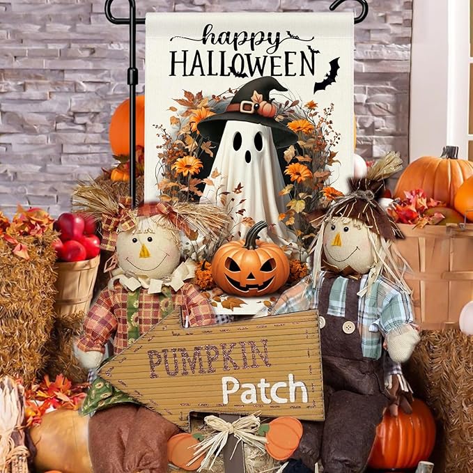 Happy Halloween Garden Flag 12x18 Double Sided Small Burlap Ghost Jack-o'-lantern Bat Yard Outdoor Decorative Flag