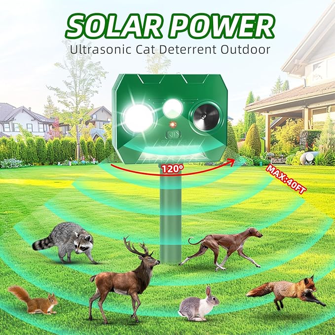 4Pack Solar Ultrasonic Animal Repellent Deer Repellent Devices with Motion Detection&LED Flashlight,Cat Repellent Outdoor Squirrel Rabbit Raccoon Skunk Deterrents Animal Repeller for Yard Garden Farm