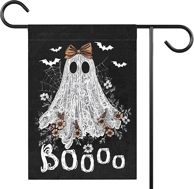 Boo Halloween Garden Flag for Outside, 12x18 Inch Double Sided Halloween Pumpkin Ghost Spider Web Bats Yard Flag, Farmhouse Small Yard Flags for Outdoor Decorations, Holiday Decor Gifts-A11