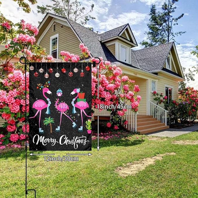 Merry Christmas Flamingo Hawaii Tropical Garden Flag Welcome Party Outdoor Outside Decorations Picks Home House Garden Yard Decor 12x18 Inch