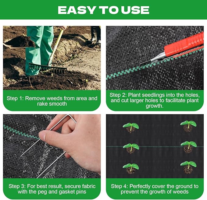 4 x 50ft Weed Barrier Fabric Heavy Duty Landscape Weed Blocker with 80 Holes, Large Weed Block Gardening Ground Cover Mat Weed Control Cloth with 10 U-Shaped Stakes and Gaskets, Black (2pcs,4x50ft)